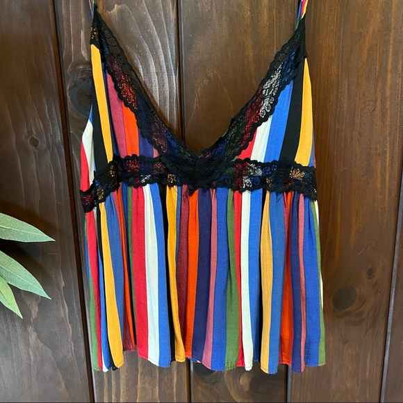 ZARA TRF Trafaluc Colorful Rainbow Striped Lace Trim Cami Tank Top Blouse - Picture 6 of 6